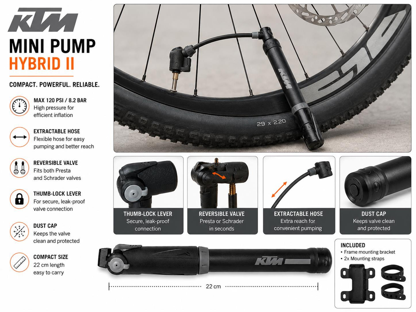 KTM Mini Pump Hybrid II Bike Cycle Pump Presta Schrader 120 PSI Black 22cm