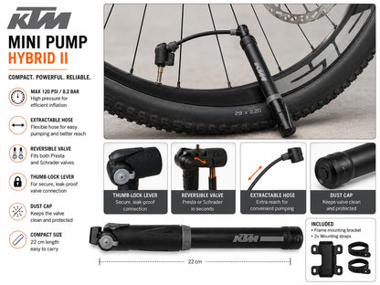 KTM Mini Pump Hybrid II Bike Cycle Pump Presta Schrader 120 PSI Black 22cm