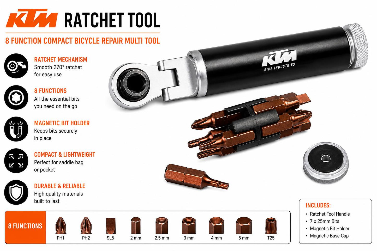KTM Ratchet Tool 8 Function Bicycle Bike Multi Tool Compact Repair Kit 7405210