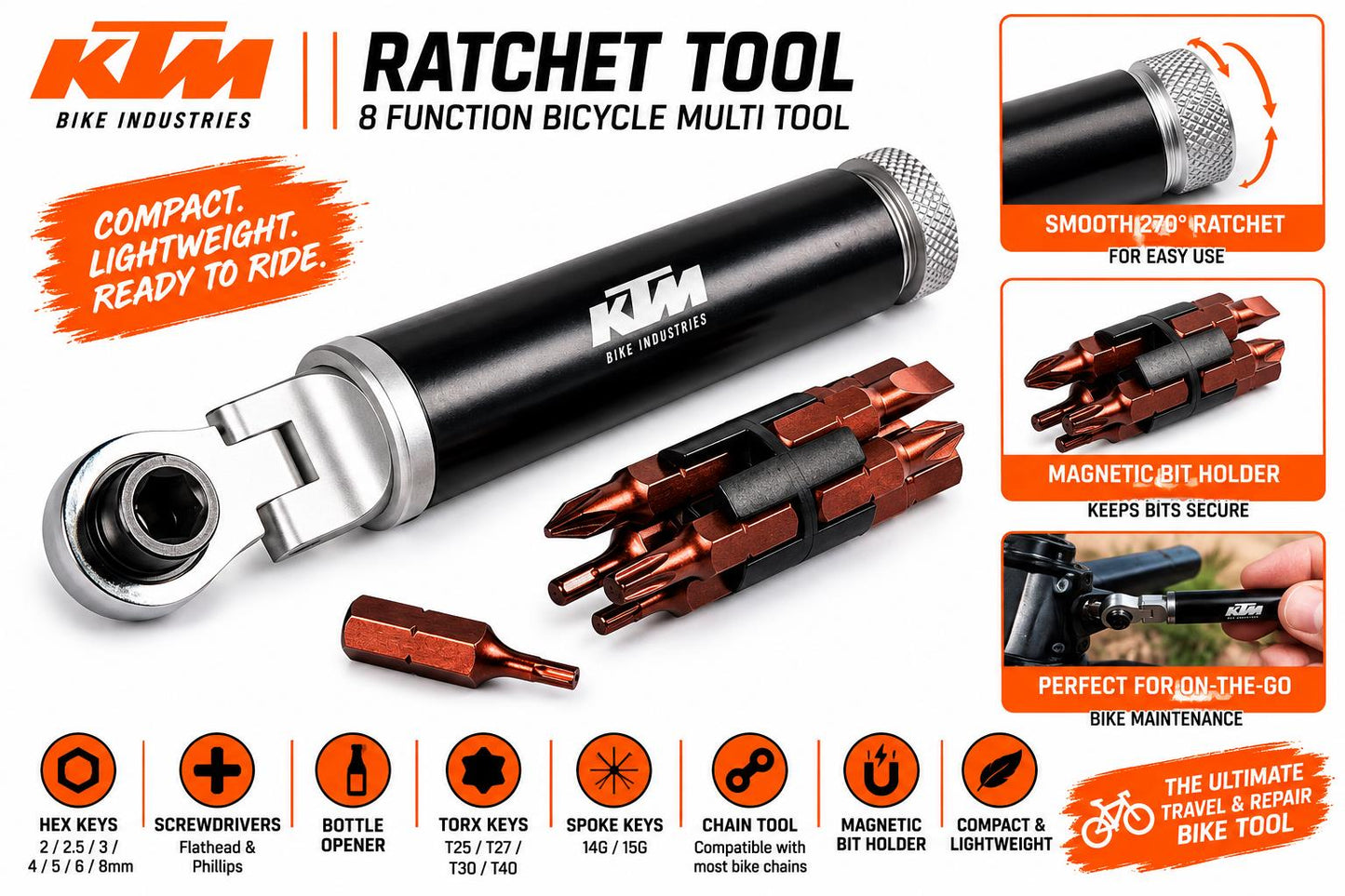 KTM Ratchet Tool 8 Function Bicycle Bike Multi Tool Compact Repair Kit 7405210