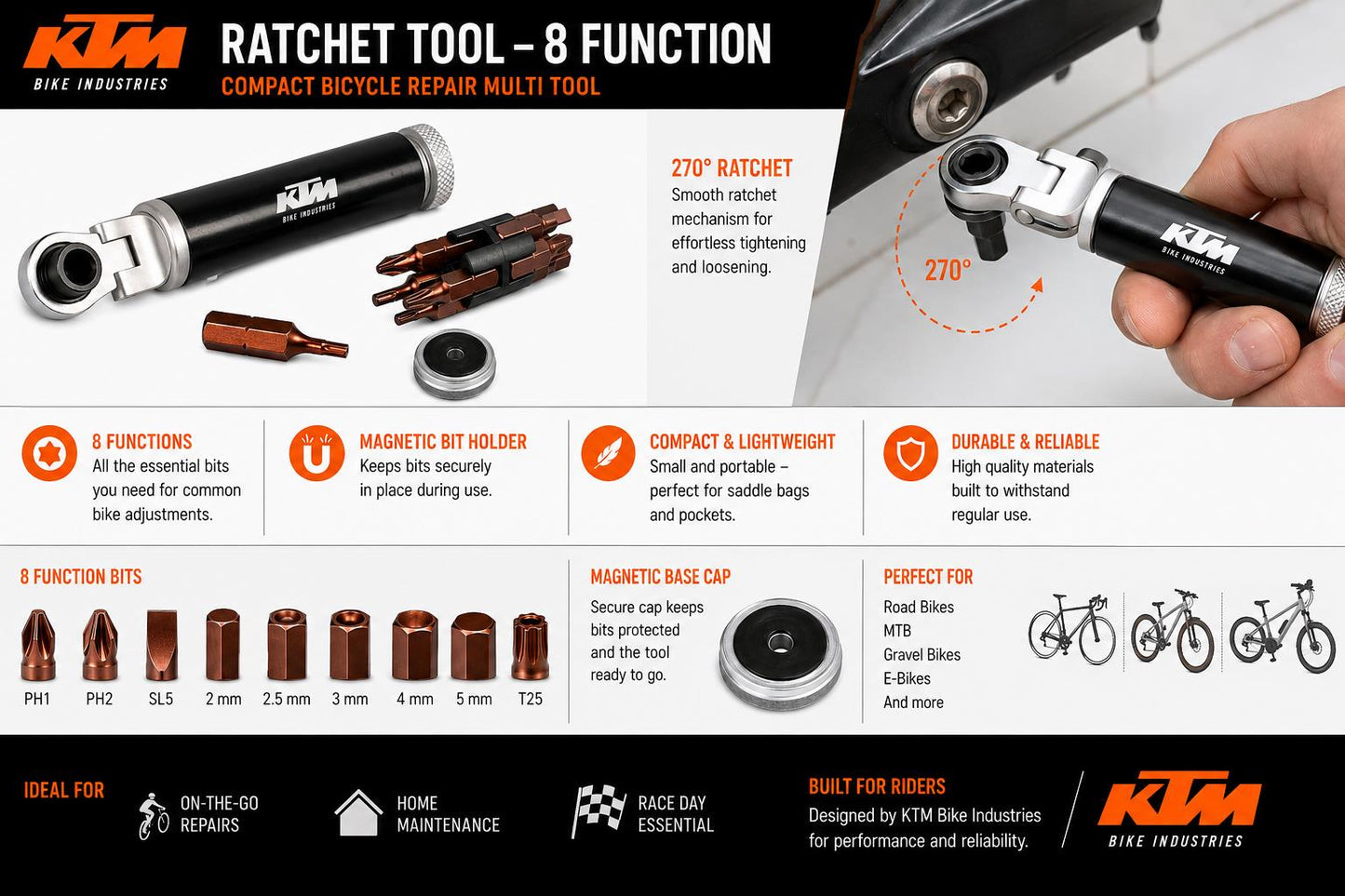 KTM Ratchet Tool 8 Function Bicycle Bike Multi Tool Compact Repair Kit 7405210