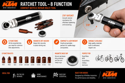 KTM Ratchet Tool 8 Function Bicycle Bike Multi Tool Compact Repair Kit 7405210