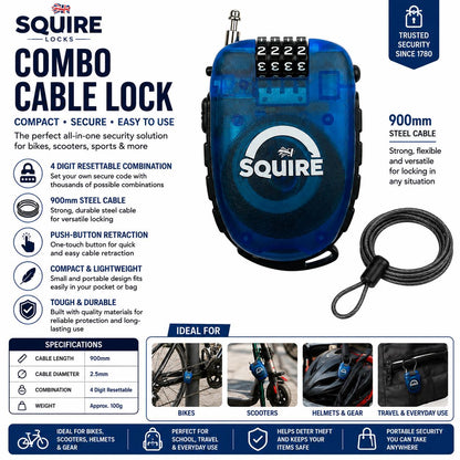 Squire Retrac Max 90cm Retractable Combination Cable Bike Lock 900mm