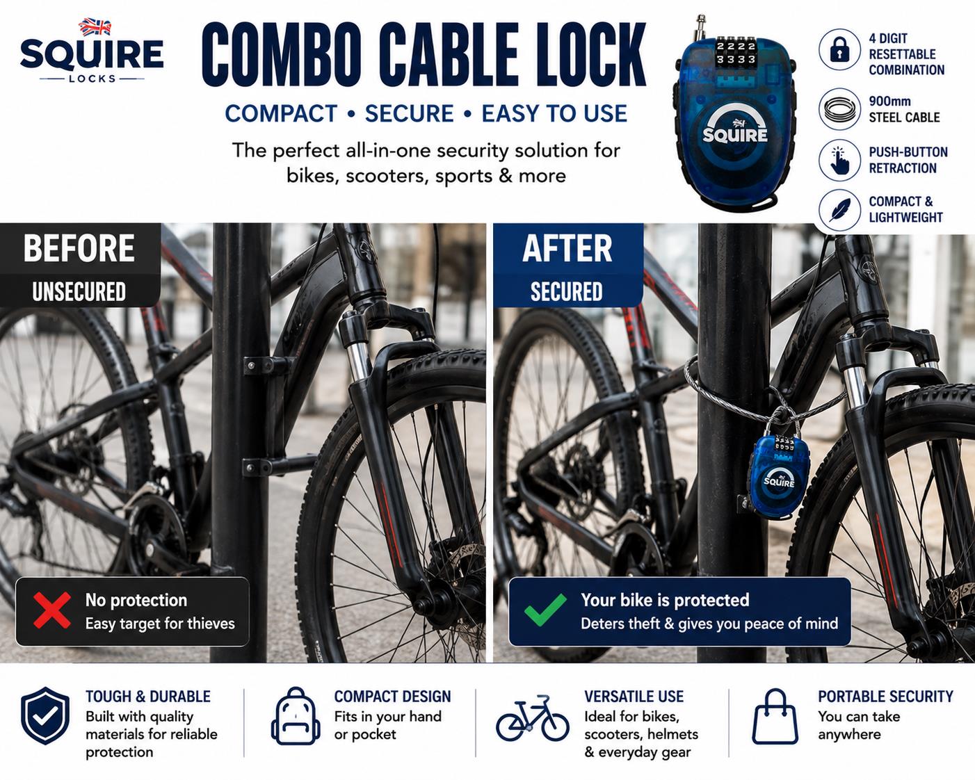 Squire Retrac Max 90cm Retractable Combination Cable Bike Lock 900mm