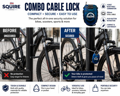 Squire Retrac Max 90cm Retractable Combination Cable Bike Lock 900mm