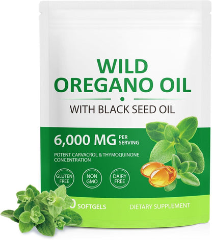Oregano Oil 6000mg – 120 Softgels with Black Seed Oil, Immune Support