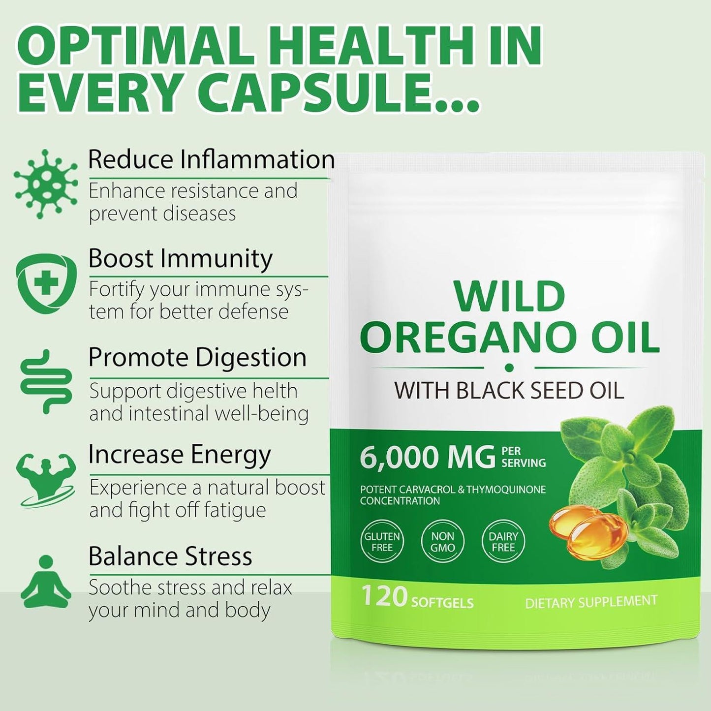 Oregano Oil 6000mg – 120 Softgels with Black Seed Oil, Immune Support