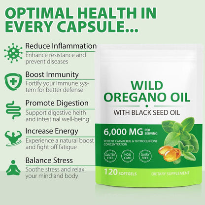 Oregano Oil 6000mg – 120 Softgels with Black Seed Oil, Immune Support