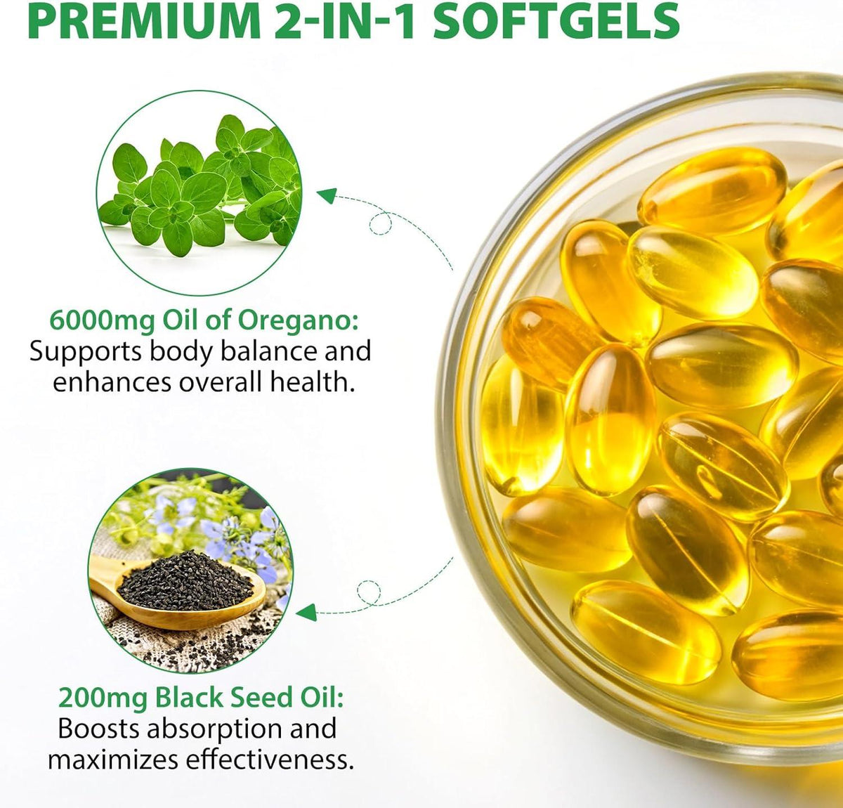 Oregano Oil 6000mg – 120 Softgels with Black Seed Oil, Immune Support