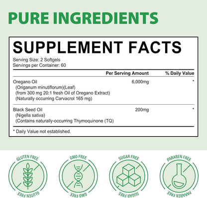 Oregano Oil 6000mg – 120 Softgels with Black Seed Oil, Immune Support