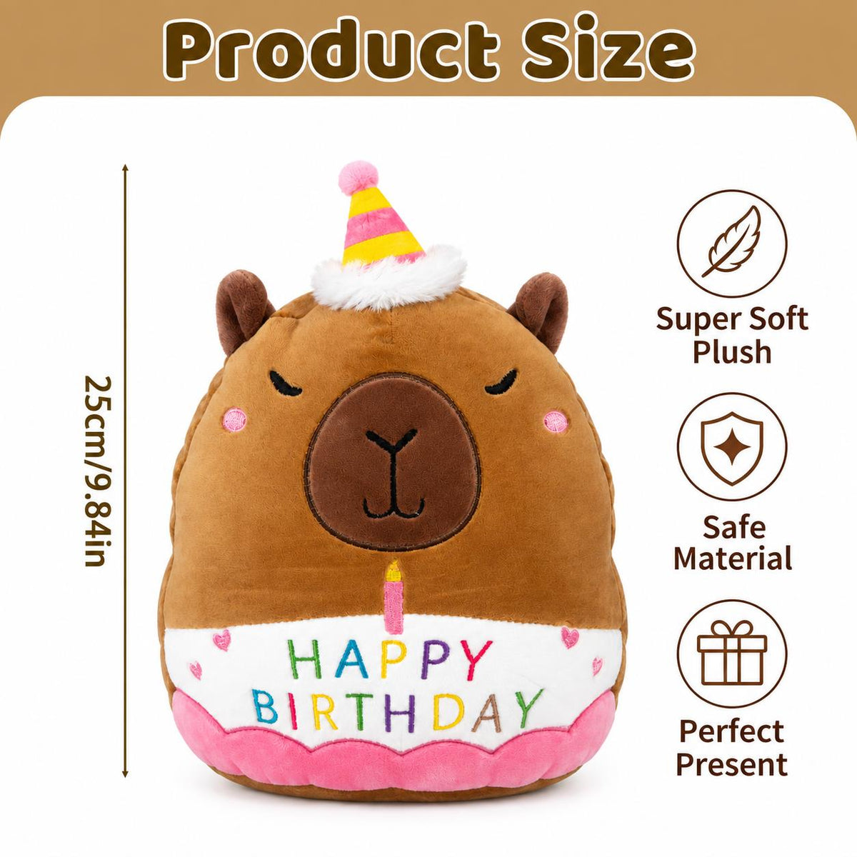 Capybara Plush Toy 25cm – Soft Stuffed Teddy with Birthday Hat & "Happy Birthday" Design