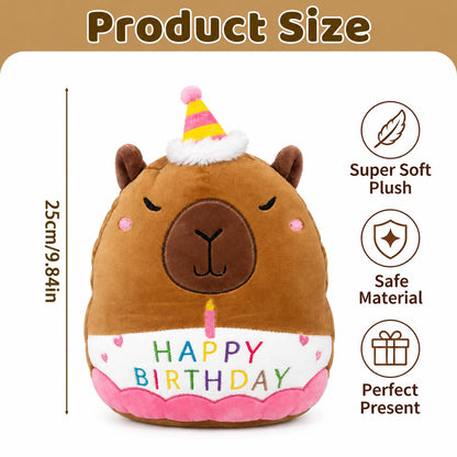 Capybara Plush Toy 25cm – Soft Stuffed Teddy with Birthday Hat & "Happy Birthday" Design