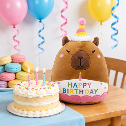 Capybara Plush Toy 25cm – Soft Stuffed Teddy with Birthday Hat & "Happy Birthday" Design