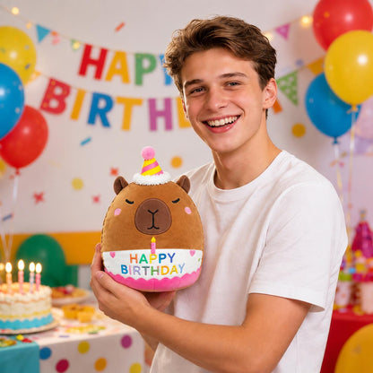 Capybara Plush Toy 25cm – Soft Stuffed Teddy with Birthday Hat & "Happy Birthday" Design