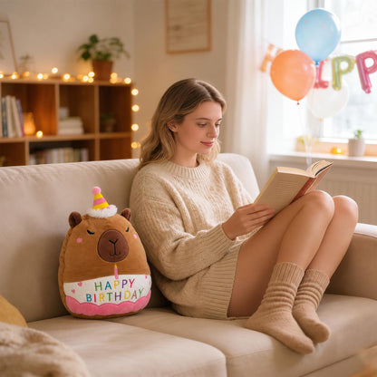Capybara Plush Toy 25cm – Soft Stuffed Teddy with Birthday Hat & "Happy Birthday" Design