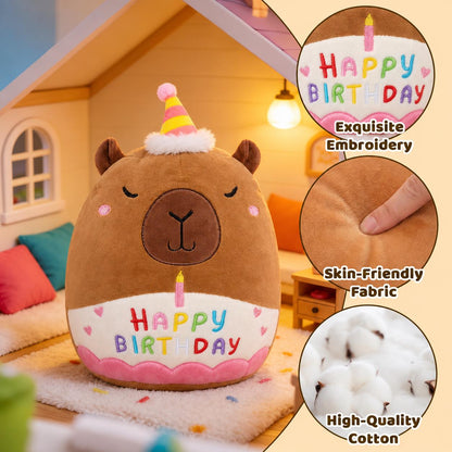 Capybara Plush Toy 25cm – Soft Stuffed Teddy with Birthday Hat & "Happy Birthday" Design