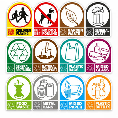 Set of 8 Self Adhesive Easy Application Wheelie Bin Stickers 8 to choose Recycle Safety
