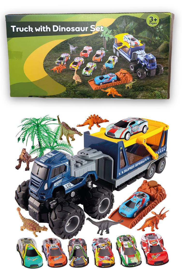HYAKIDS Dinosaur Toys Car Transport Carrier Truck with Dinosaur Figures, Pull Back Racing Cars & Trees