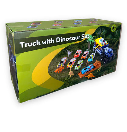 HYAKIDS Dinosaur Toys Car Transport Carrier Truck with Dinosaur Figures, Pull Back Racing Cars & Trees