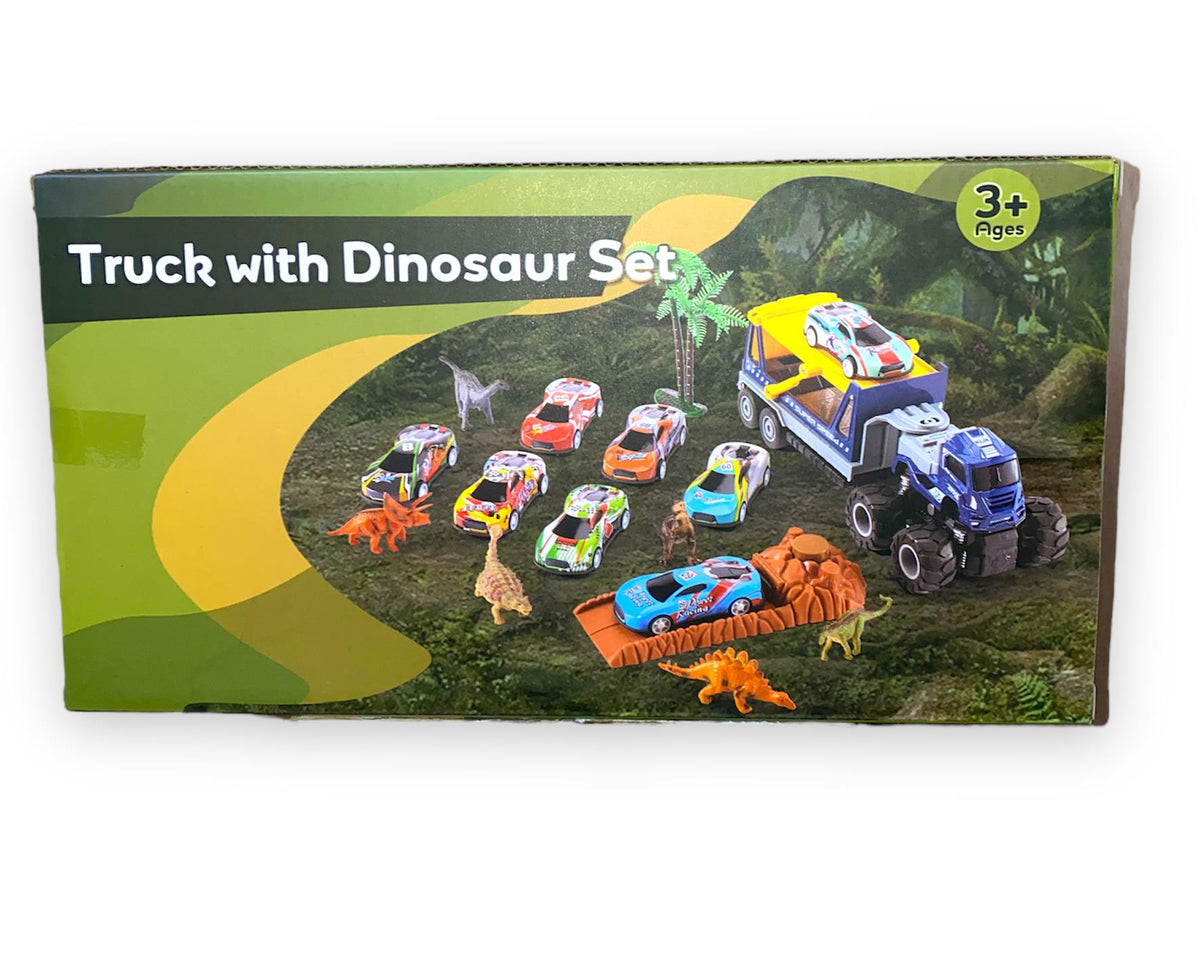 HYAKIDS Dinosaur Toys Car Transport Carrier Truck with Dinosaur Figures, Pull Back Racing Cars & Trees
