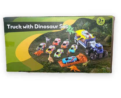 HYAKIDS Dinosaur Toys Car Transport Carrier Truck with Dinosaur Figures, Pull Back Racing Cars & Trees