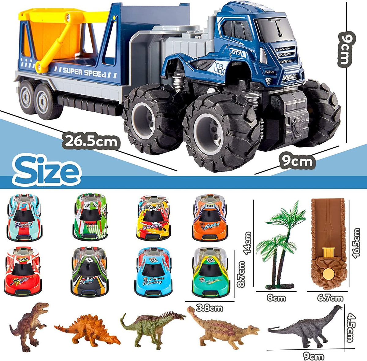 HYAKIDS Dinosaur Toys Car Transport Carrier Truck with Dinosaur Figures, Pull Back Racing Cars & Trees