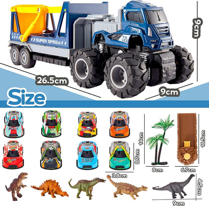 HYAKIDS Dinosaur Toys Car Transport Carrier Truck with Dinosaur Figures, Pull Back Racing Cars & Trees