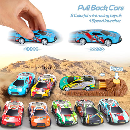 HYAKIDS Dinosaur Toys Car Transport Carrier Truck with Dinosaur Figures, Pull Back Racing Cars & Trees