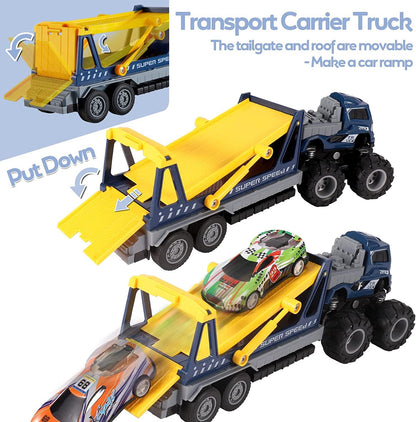 HYAKIDS Dinosaur Toys Car Transport Carrier Truck with Dinosaur Figures, Pull Back Racing Cars & Trees