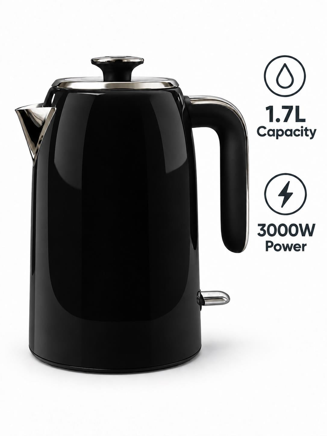 Bistro Chef 1.7L Electric Kettle 3000W Fast Boil Cordless Jug - Black