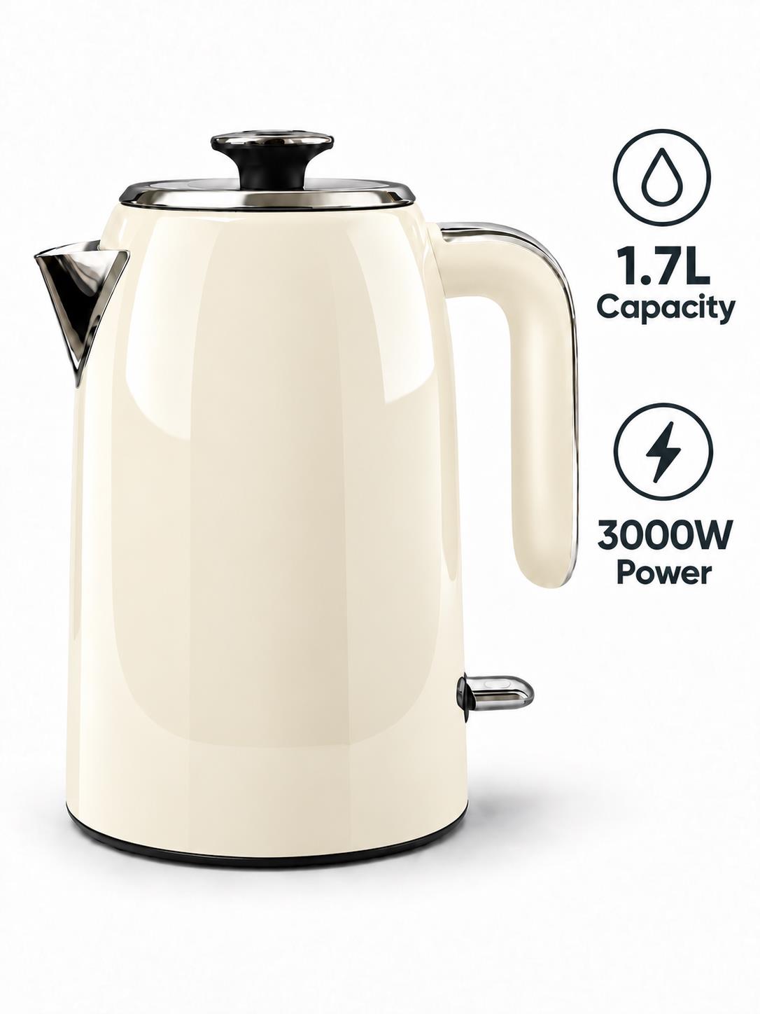 Bistro Chef 1.7L Electric Kettle 3000W Fast Boil Cordless Jug - Cream