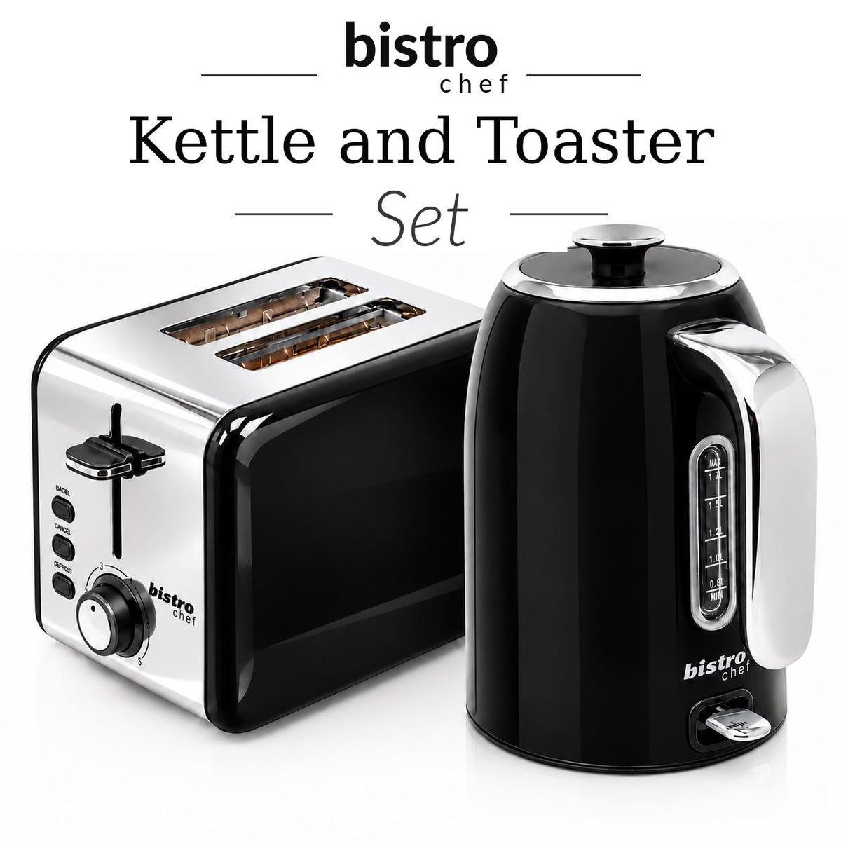 Bistro Chef Kettle & 2 Slice Toaster 1000W Wide Set Retro Style Kitchen - Black