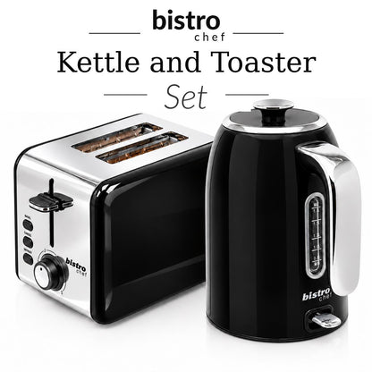 Bistro Chef Kettle & 2 Slice Toaster 1000W Wide Set Retro Style Kitchen - Black