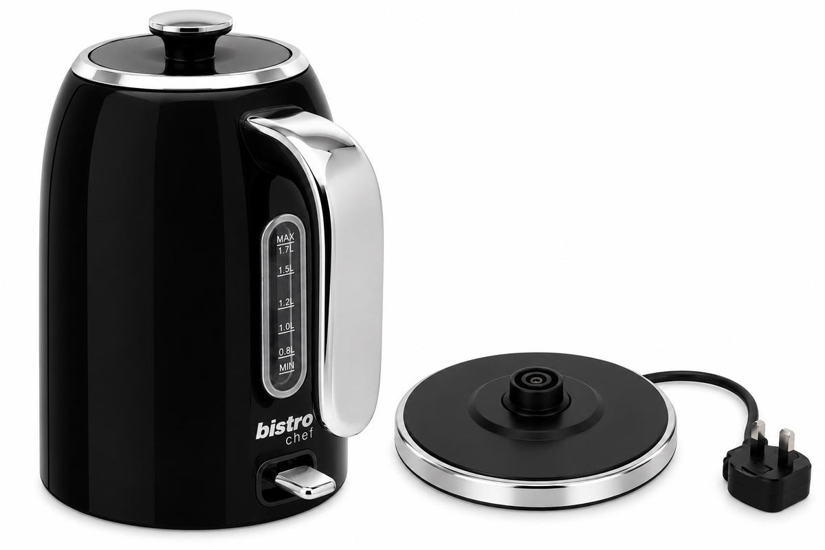 Bistro Chef Kettle & 2 Slice Toaster 1000W Wide Set Retro Style Kitchen - Black