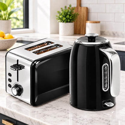 Bistro Chef Kettle & 2 Slice Toaster 1000W Wide Set Retro Style Kitchen - Black