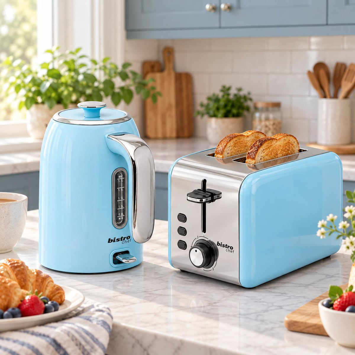Bistro Chef Kettle & 2 Slice Toaster 1000W Wide Set Retro Style Kitchen - Blue