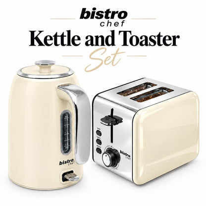 Bistro Chef Kettle & 2 Slice Toaster 1000W Wide Set Retro Style Kitchen - Cream