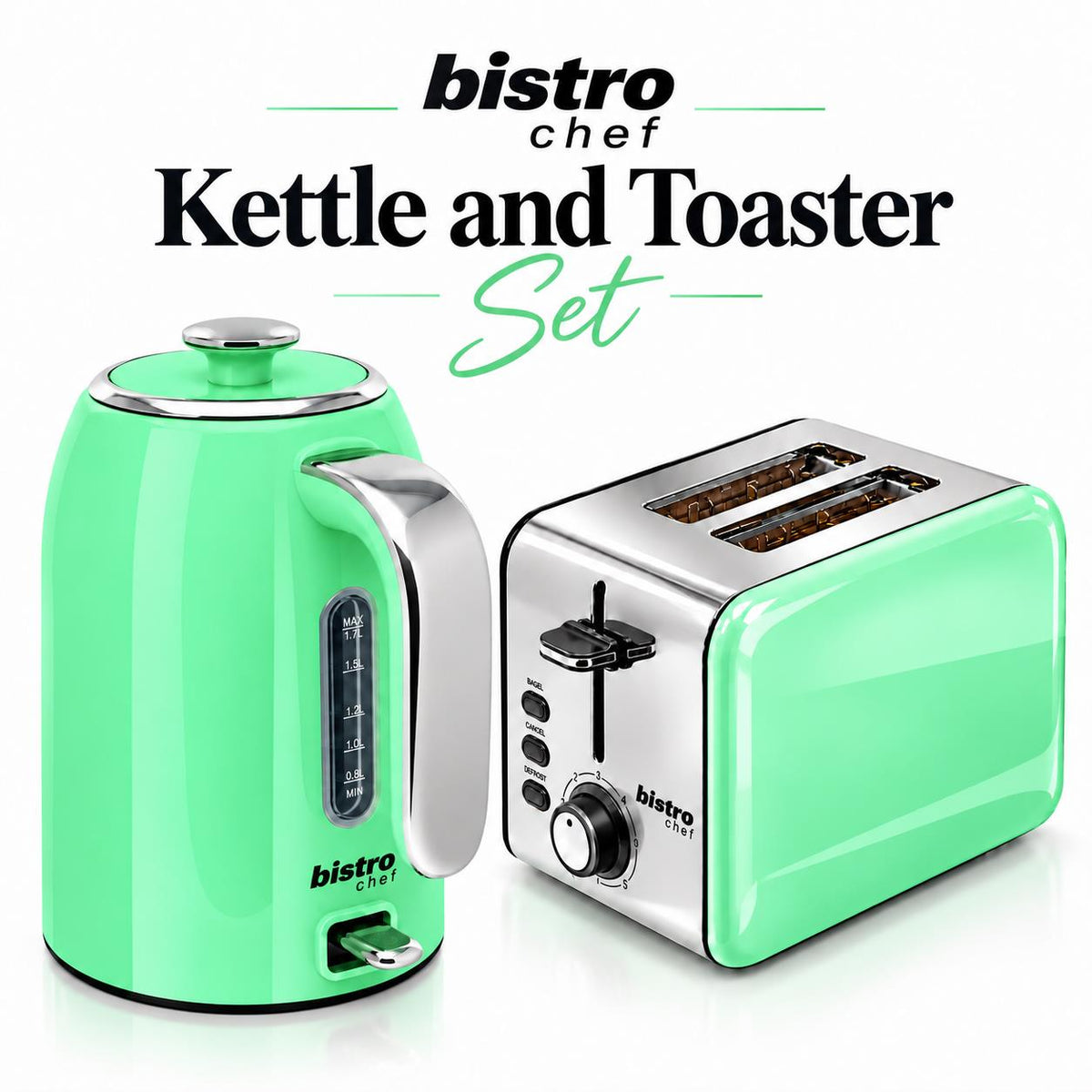 Bistro Chef Kettle & 2 Slice Toaster 1000W Wide Set Retro Style Kitchen - Green