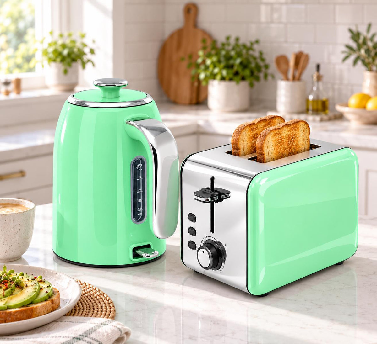 Bistro Chef Kettle & 2 Slice Toaster 1000W Wide Set Retro Style Kitchen - Green