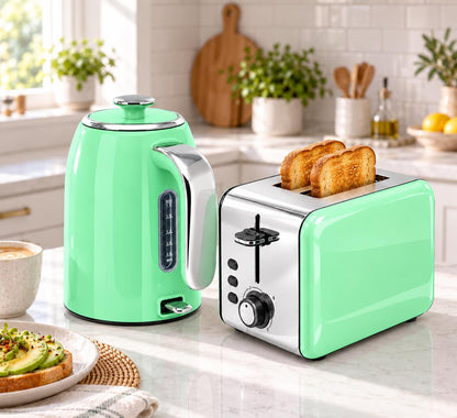Bistro Chef Kettle & 2 Slice Toaster 1000W Wide Set Retro Style Kitchen - Green