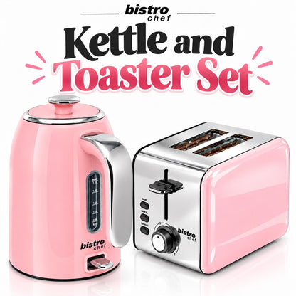 Bistro Chef Kettle & 2 Slice Toaster 1000W Wide Set Retro Style Kitchen - Pink
