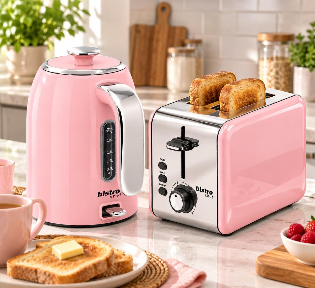 Bistro Chef Kettle & 2 Slice Toaster 1000W Wide Set Retro Style Kitchen - Pink