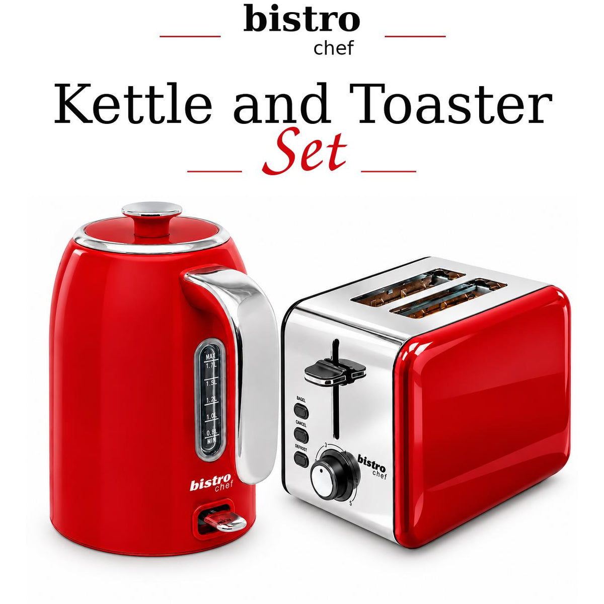 Bistro Chef Kettle & 2 Slice Toaster 1000W Wide Set Retro Style Kitchen - Red