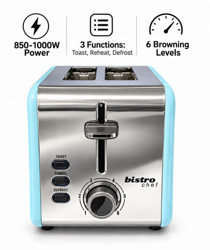 Bistro Chef 2 Slice Toaster 1000W Wide Slot Retro Style Kitchen - Blue