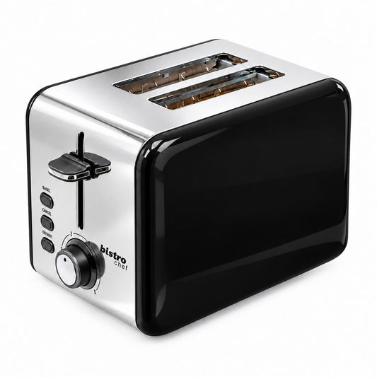 Bistro Chef 2 Slice Toaster 1000W Wide Slot Retro Style Kitchen - Black