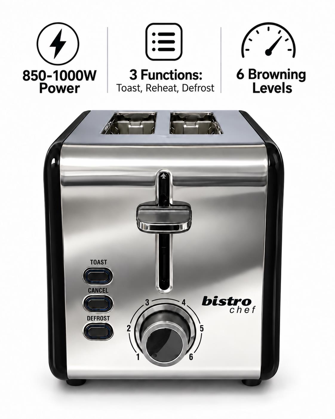 Bistro Chef 2 Slice Toaster 1000W Wide Slot Retro Style Kitchen - Black