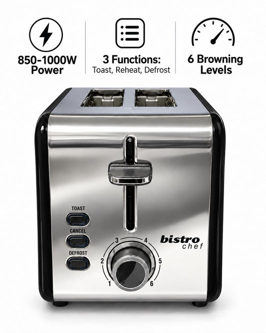 Bistro Chef 2 Slice Toaster 1000W Wide Slot Retro Style Kitchen - Black