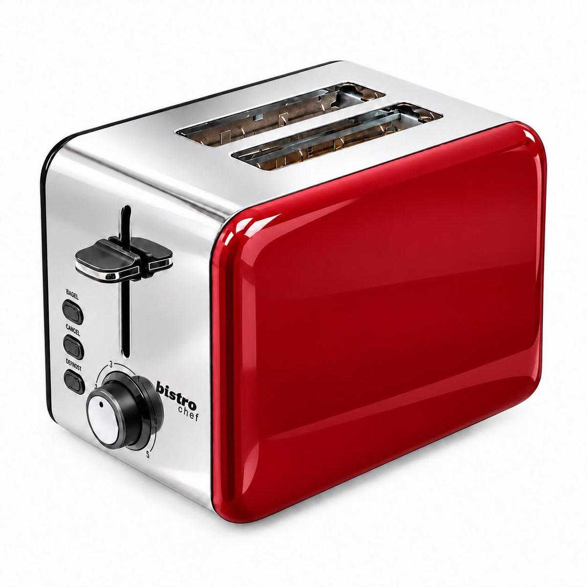 Bistro Chef 2 Slice Toaster 1000W Wide Slot Retro Style Kitchen - Red