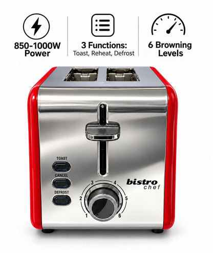 Bistro Chef 2 Slice Toaster 1000W Wide Slot Retro Style Kitchen - Red
