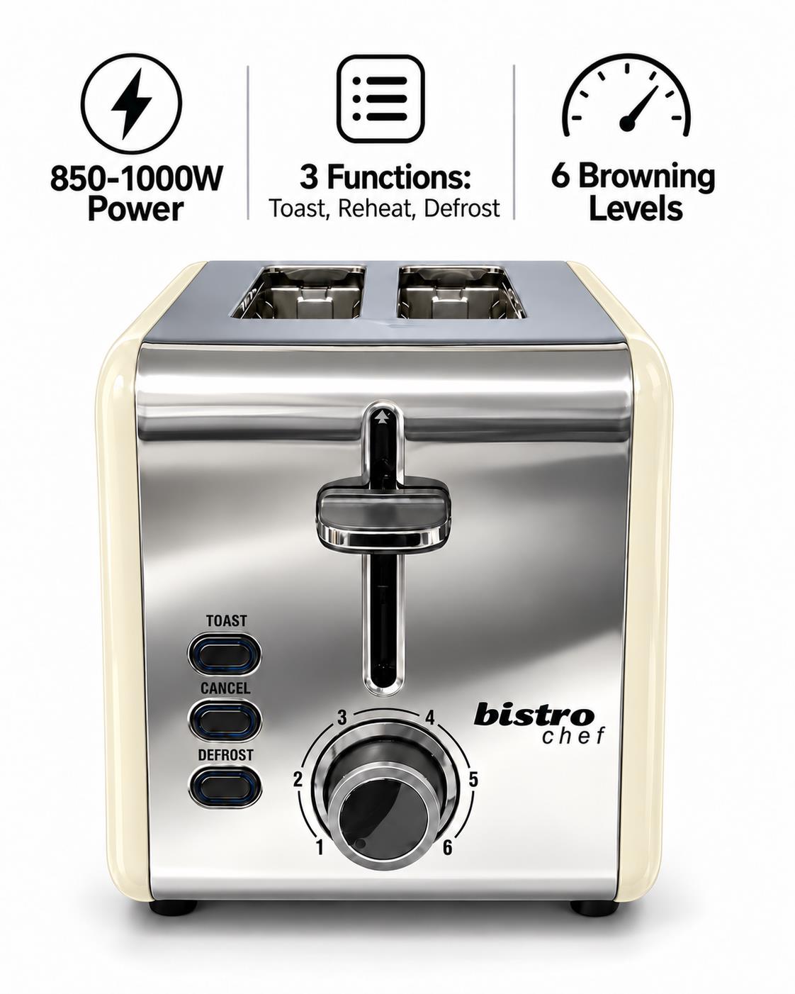 Bistro Chef 2 Slice Toaster 1000W Wide Slot Retro Style Kitchen - Cream